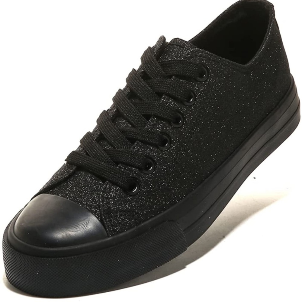 Black Glitter Canvas Shoes Low Top Lace Up Non Slip Sneaker